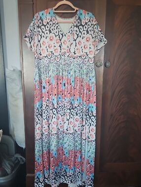 ExclusiveLMSM Floral Maxi Dress in Coral, Aqua, Black & White